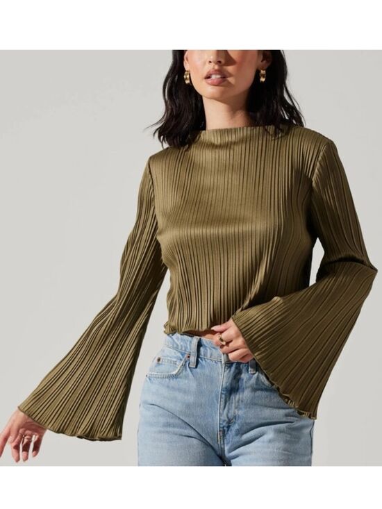 Astr Tops - ASTR the Label Olive Pleated Plisse Bell Sleeve High Neck Cropped  Blouse Small